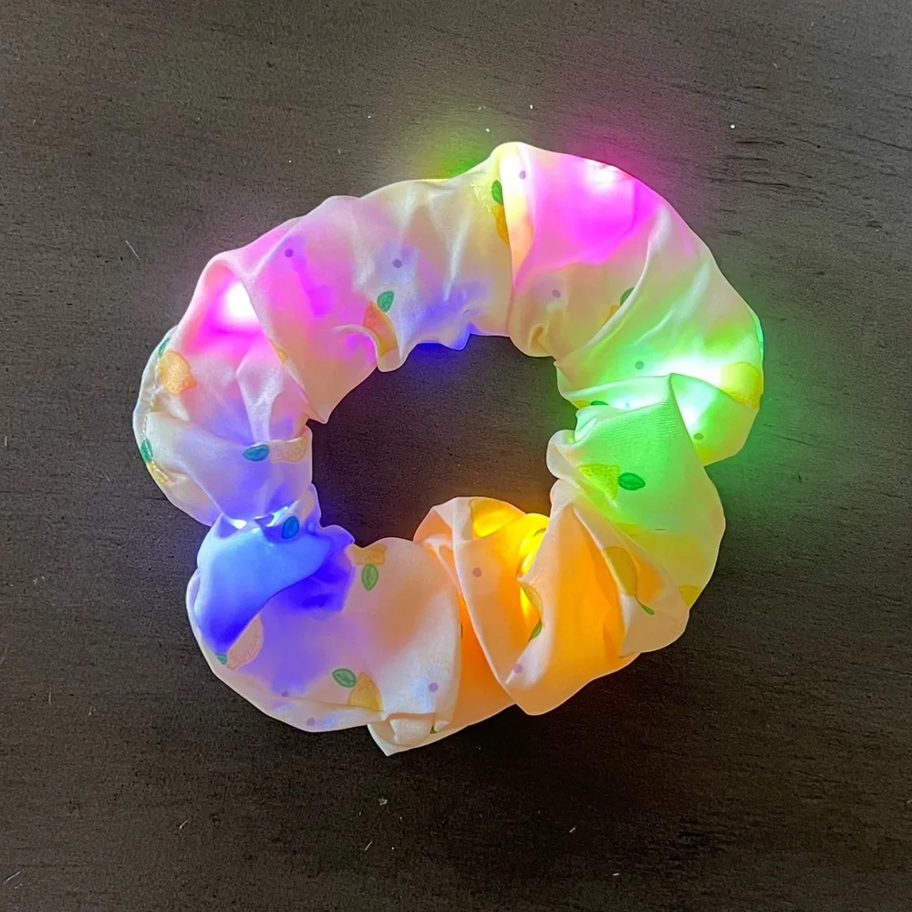 Multicolor LED Light Up Yellow Pineapple & White Flower Floral Green Scrunchie